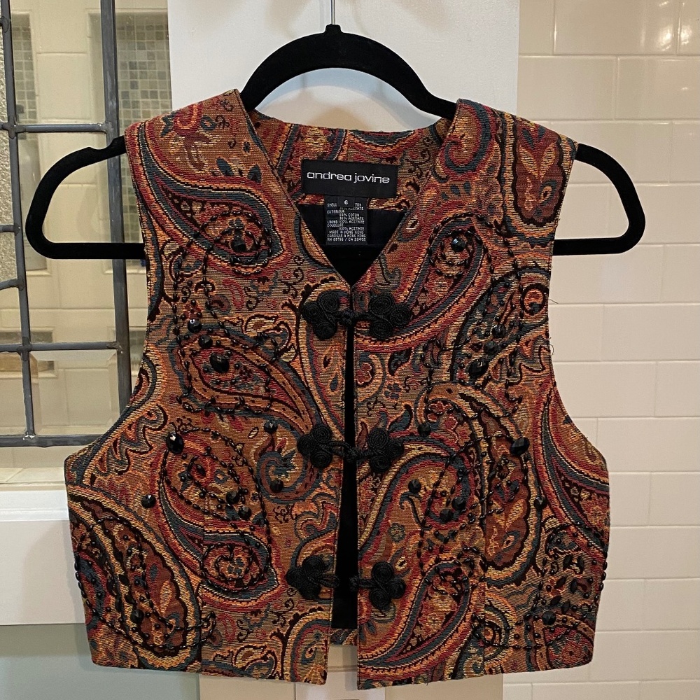 Vintage Andrea Jovine Brocade Paisley Beaded Vest in Jewel Tones size 6